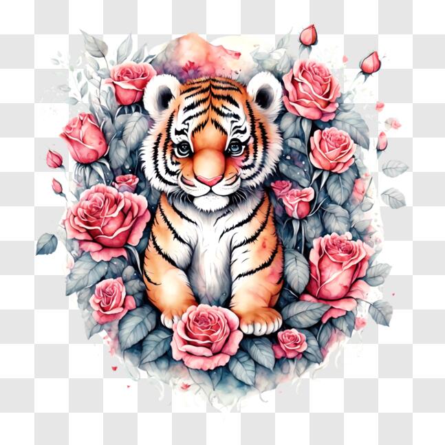 Download Adorable Tiger in a Garden of Pink Roses PNG Online - Creative ...