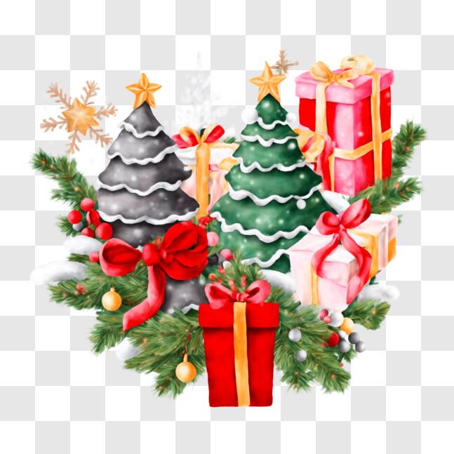 Download Christmas Trees and Presents Ornamental Wreath PNG Online ...