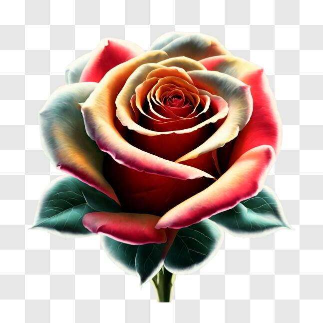 Download Vibrant Multi-Colored Rose with Green Leaves PNG Online ...