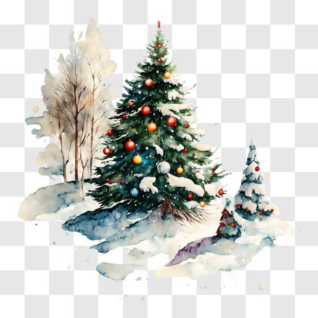 Download Ornamented Christmas Tree in Snowy Forest PNG Online ...