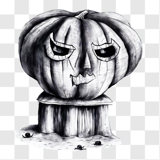 Um desenho em preto e branco de uma abóbora com uma cara assustadora  geradora de ia