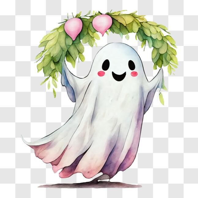 Download Spooky Halloween Ghost Holding Green Leaves and Pink Roses ...