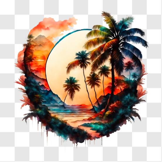 Download Beautiful Tropical Beach Sunset with Palm Trees PNG Online -  Creative Fabrica