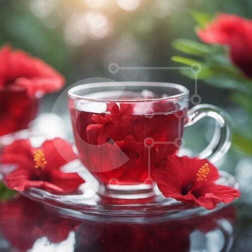 Fleurs d'hibiscus rouges dans une tasse en verre photo stock