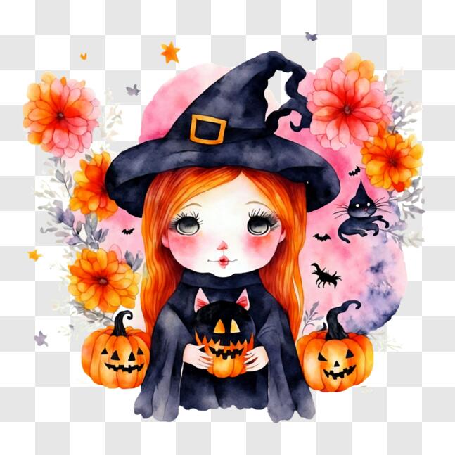 Download Watercolor Illustration of a Girl in Witch Costume with ...