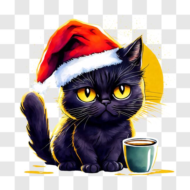 Download Cozy and Festive: Black Cat in Santa Hat with Coffee PNG ...