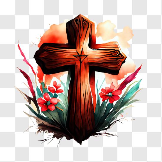 Descarga Cruz de madera con flores rojas - Símbolo religioso PNG En Línea -  Creative Fabrica