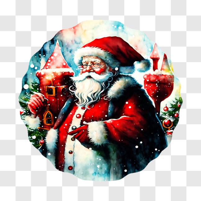 Download Festive Santa Claus Painting with Snow-Covered Castle PNG ...