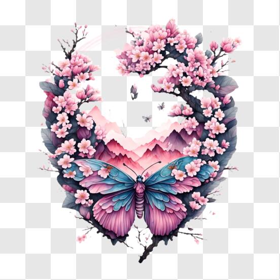 Download Butterfly Artwork with Pink Blossoms and Water Drops PNG Online -  Creative Fabrica