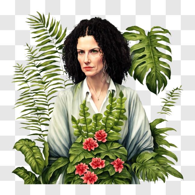 Download Woman Holding an Arrangement of Plants and Flowers PNG Online ...