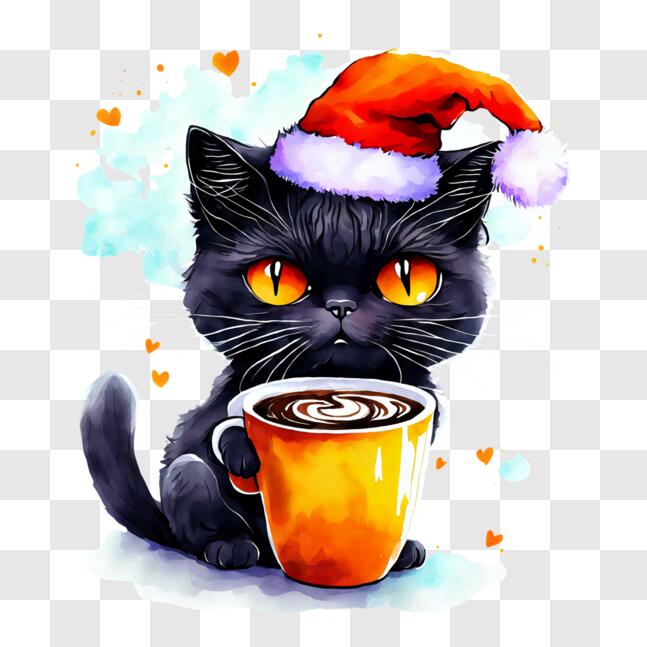 Download Cute Black Cat Illustration with Santa Hat and Coffee PNG ...
