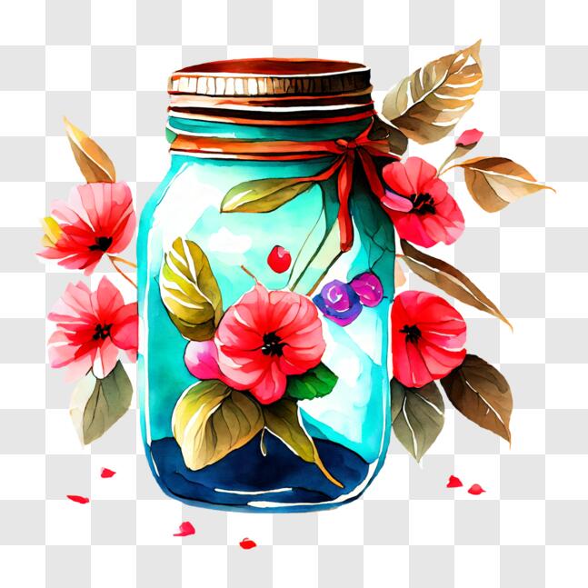 Download Beautiful Blue Glass Jar with Pink Roses PNG Online - Creative