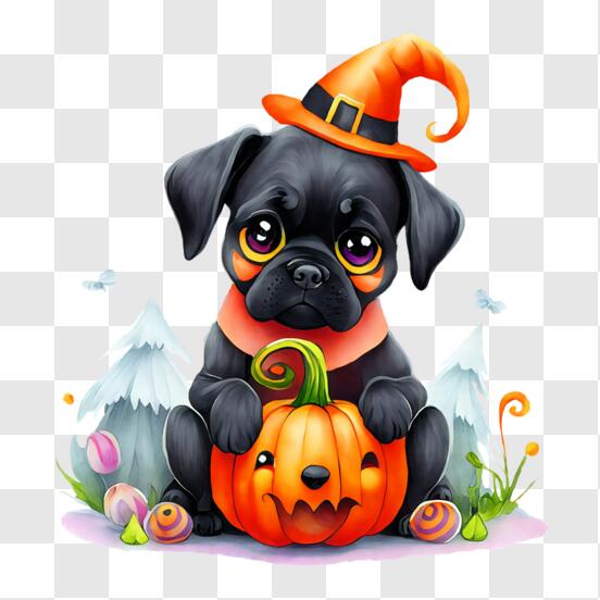 Download Happy Pug Dog in Witch Hat on Pumpkin PNG Online - Creative Fabrica