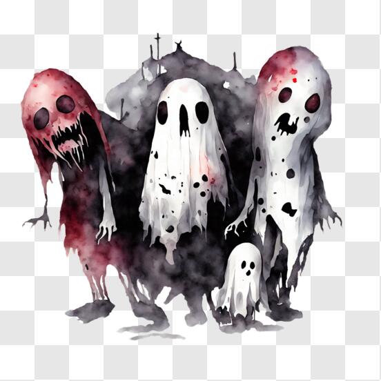 Ilustração de um grupo de rostos assustadores em preto e branco