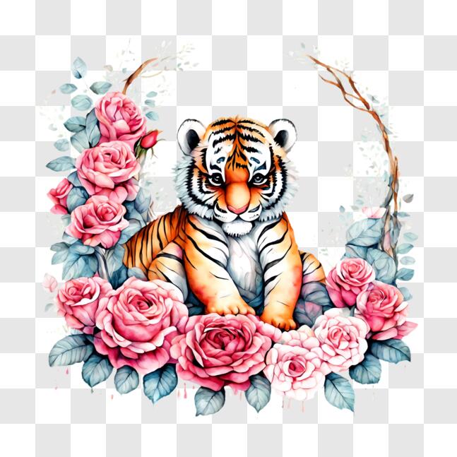 Download Tiger Cub in a Floral Paradise PNG Online - Creative Fabrica