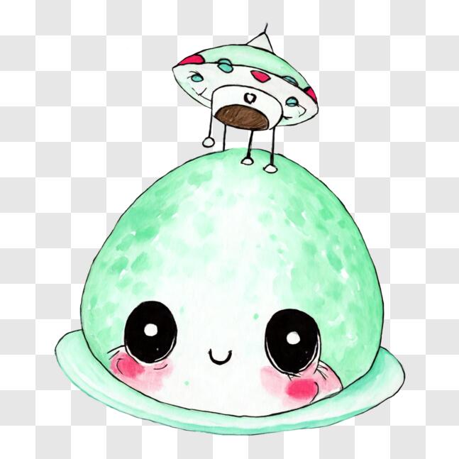 Um desenho animado de um alienígena verde em uma nave espacial verde.