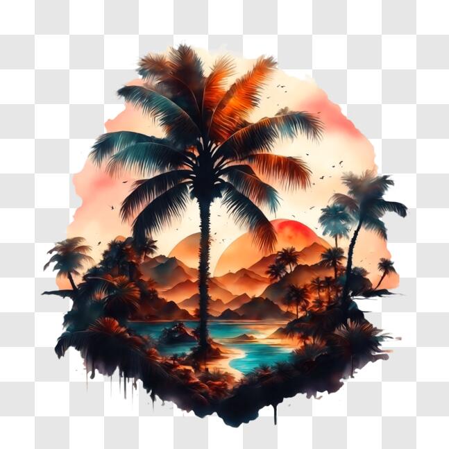 Download Serene Tropical Landscape with Palm Trees and Sunset PNG ...