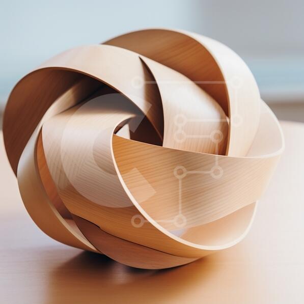 Circular Wooden Sculpture on Table with Open Window stock photo