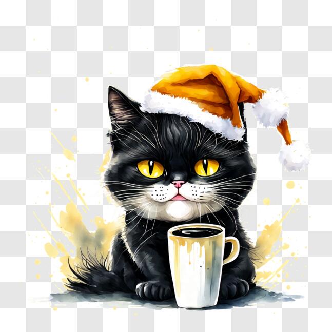 Download Cute Cat with Santa Hat Drinking Coffee PNG Online - Creative ...