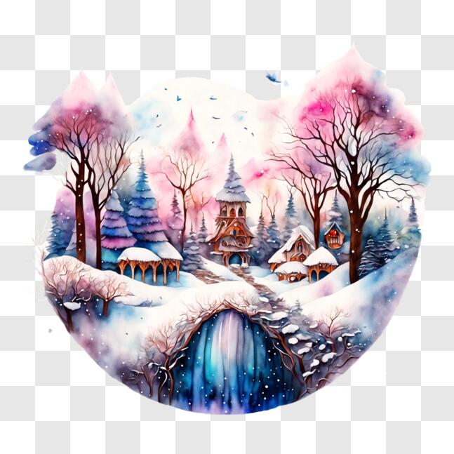 Download Idyllic Snowy Village Watercolor Painting for Winter Decor ...