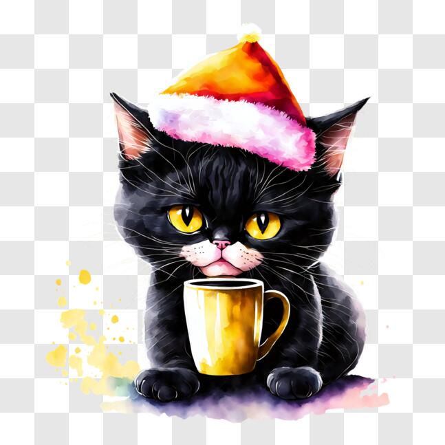 Download Fluffy Black Cat with Santa Claus Hat and Coffee Mug PNG ...