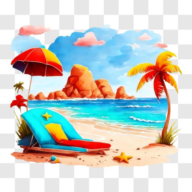 Download Serenity of a Beach Scene with Umbrella and Chairs PNG Online ...
