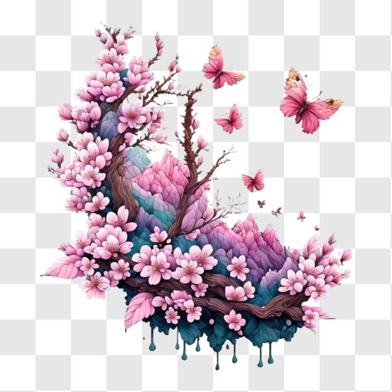 Rosa Kirschblütenbaum mit Schmetterlingen PNG