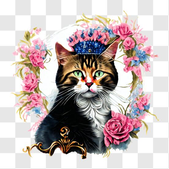 Scarica Elegante gatto con corona e fiori PNG Online - Creative Fabrica