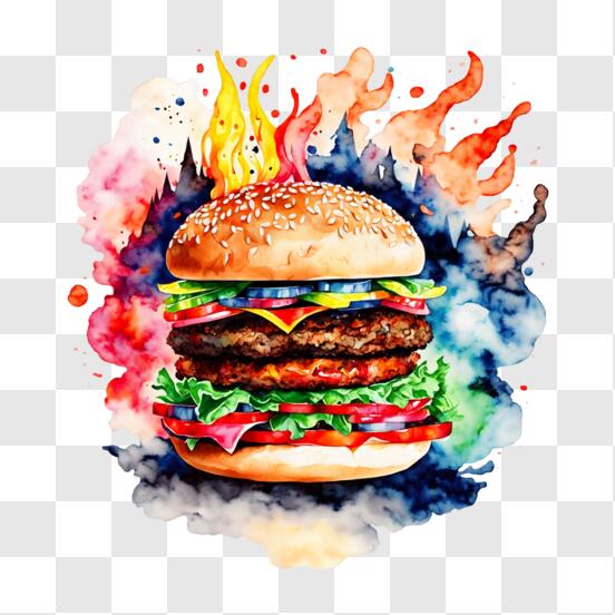 Download Colorful Burning Burger Painting PNG Online - Creative