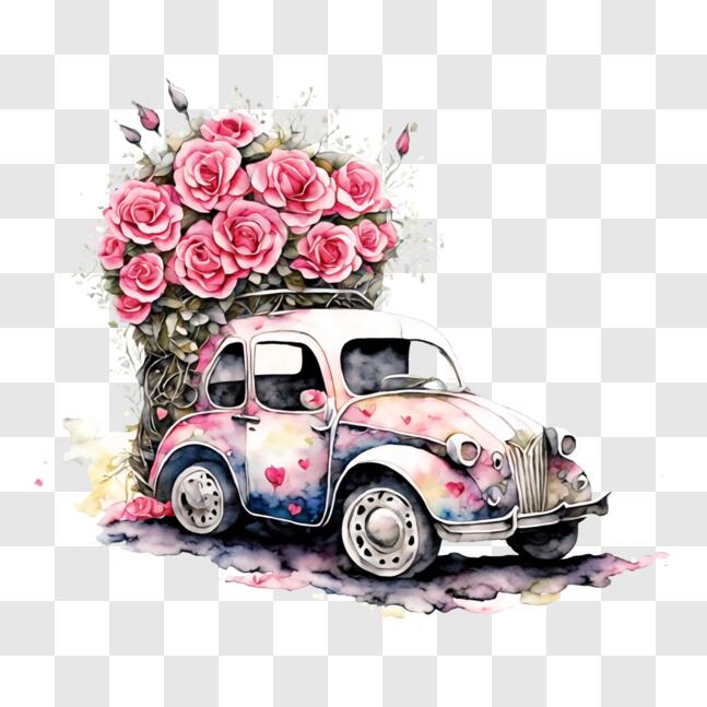 Download Watercolor Painting of Vintage Car with Pink Roses PNG Online ...