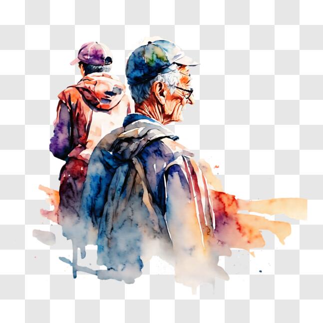 Download Watercolor painting of two older men with backpacks PNG Online ...