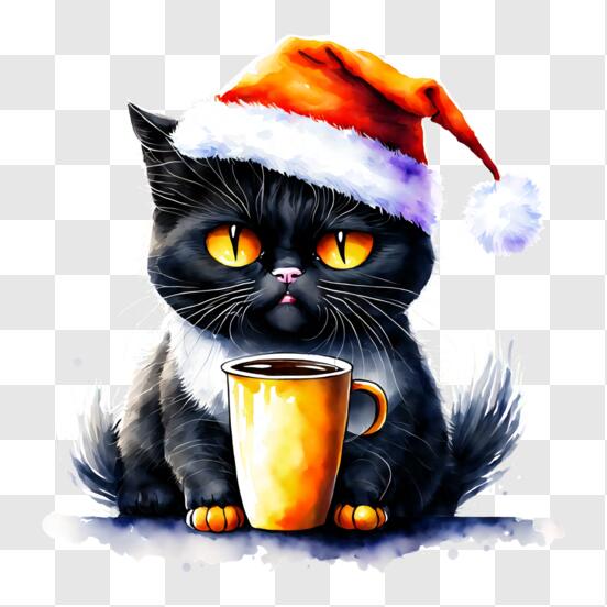 Scarica Adorabile Gatto Nero con Cappello di Babbo Natale e Tazza di Caffè PNG  Online - Creative Fabrica