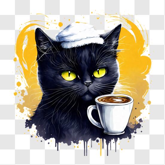 Tasse chat noir ou blanc assis et sa cuillère.
