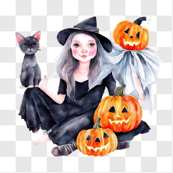 Bruxa de halloween com gato fofo