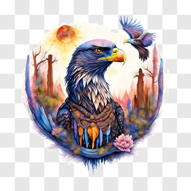 Download Native American Inspired Painting with Eagle and Birds PNG ...