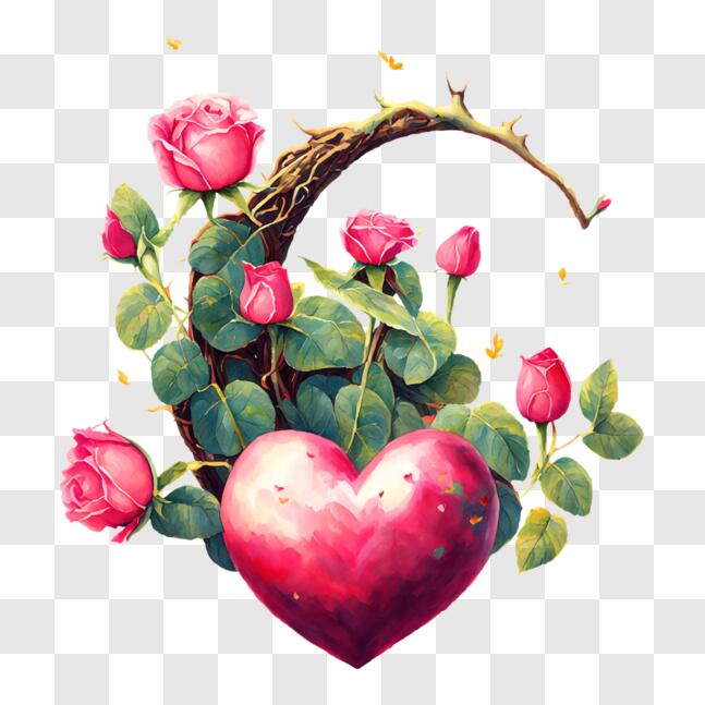 Download Romantic Heart and Moon with Roses and Flowers PNGs Online ...