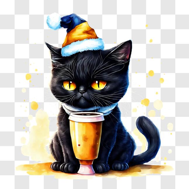 Download Funny Black Cat with Santa Hat Drinking Coffee PNG Online ...