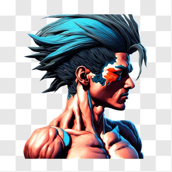 Baixe Personagem de Anime com Cabelo Azul e Tatuagem de Street Fighter PNG  - Creative Fabrica