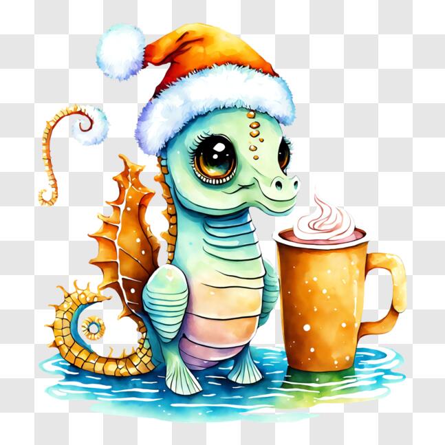 Download Adorable Seahorse Celebrating Christmas with Hot Cocoa PNG ...