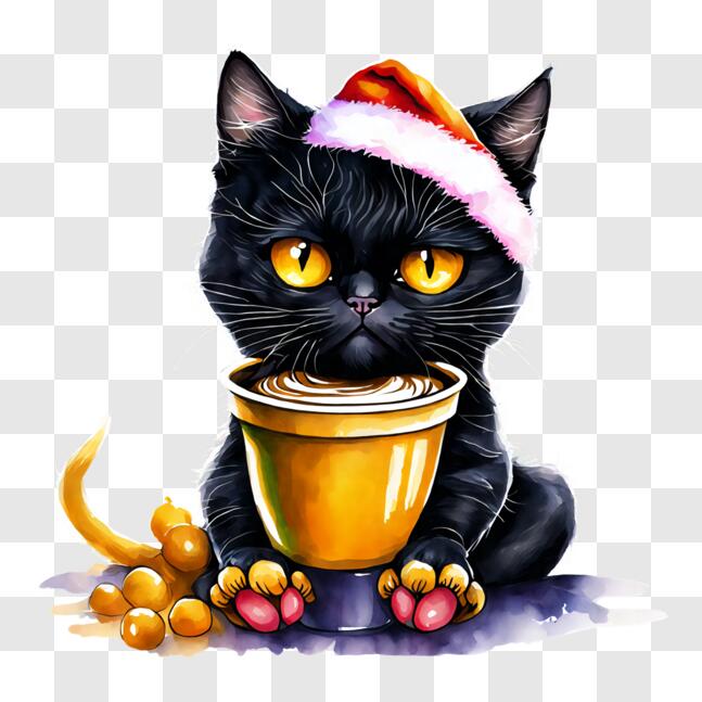 Download Adorable Black Cat Enjoying Coffee in Santa Hat PNG Online ...