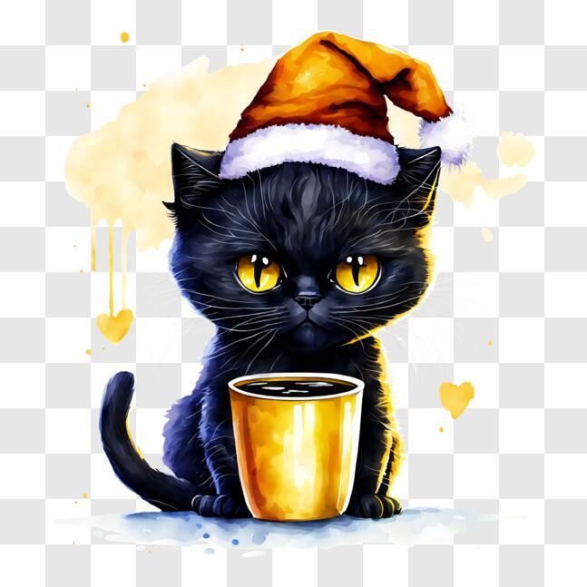 Download Curious Black Cat with Santa Claus Hat and Coffee PNG Online ...