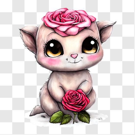 Scarica Adorabile gatto cartone animato con rose rosa PNG Online - Creative  Fabrica