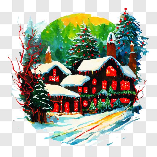 Download Festive Winter Painting with Snow-Covered Houses and Christmas ...