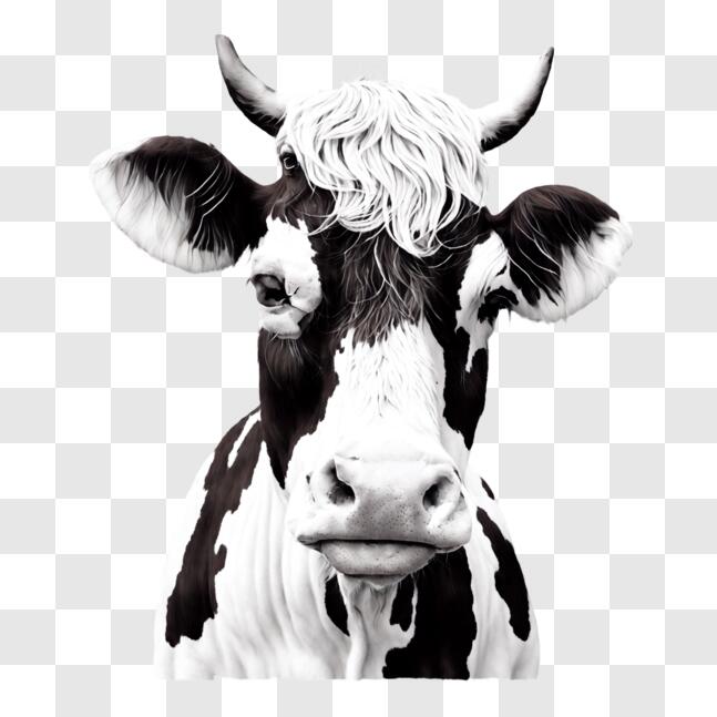 Download Black and White Cow with Long Curly Horns PNG Online ...