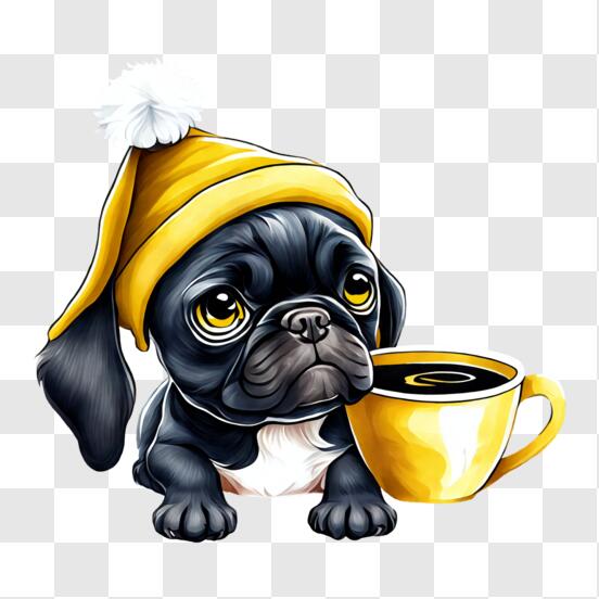 Download Adorable Pug Dog with Coffee and Beanie PNG Online - Creative  Fabrica