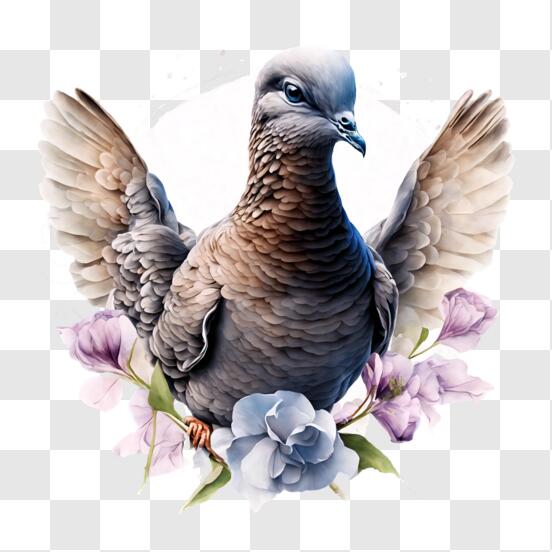 Download Gray Pigeon with Flowers in its Beak PNG Online - Creative Fabrica