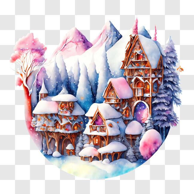 Download Winter Village Watercolor Painting with Snow-Covered Houses ...