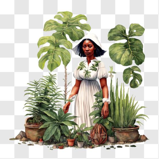 Download Elegant Woman with Potted Plants and Flowers Painting PNG ...