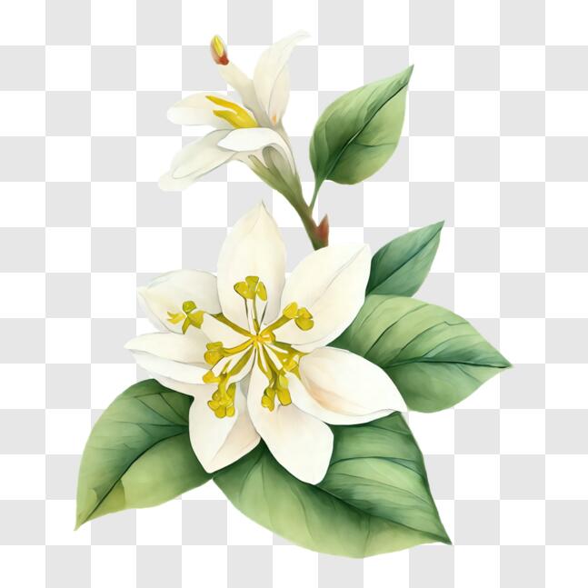 Download White Flower with Green Leaves PNGs Online - Creative Fabrica