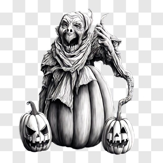 Download Black and white drawing of an old man sitting on pumpkins PNGs ...